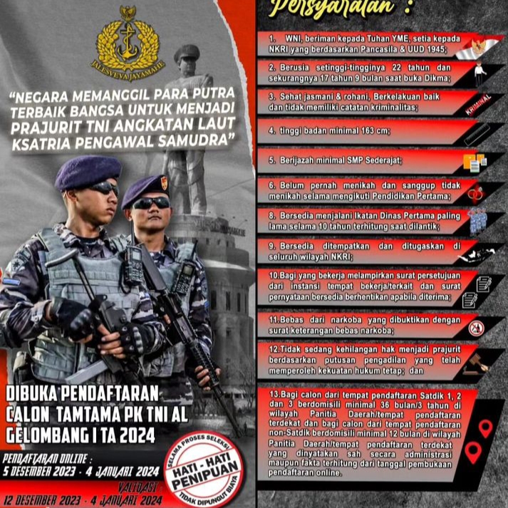 Pendaftaran Calon Tamtama PK TNI AL Gel. 1 TA. 2024