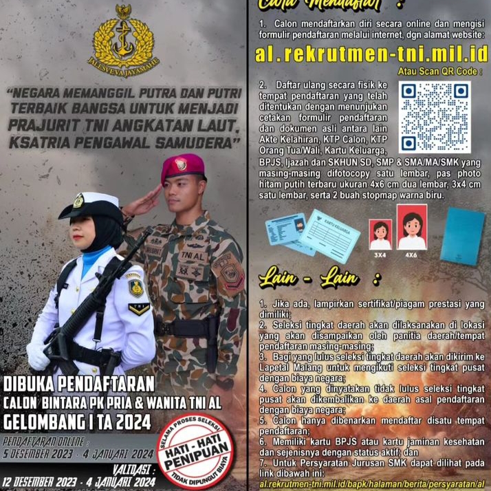Pendaftaran Calon Bintara PK TNI AL Gel. 1 TA. 2024