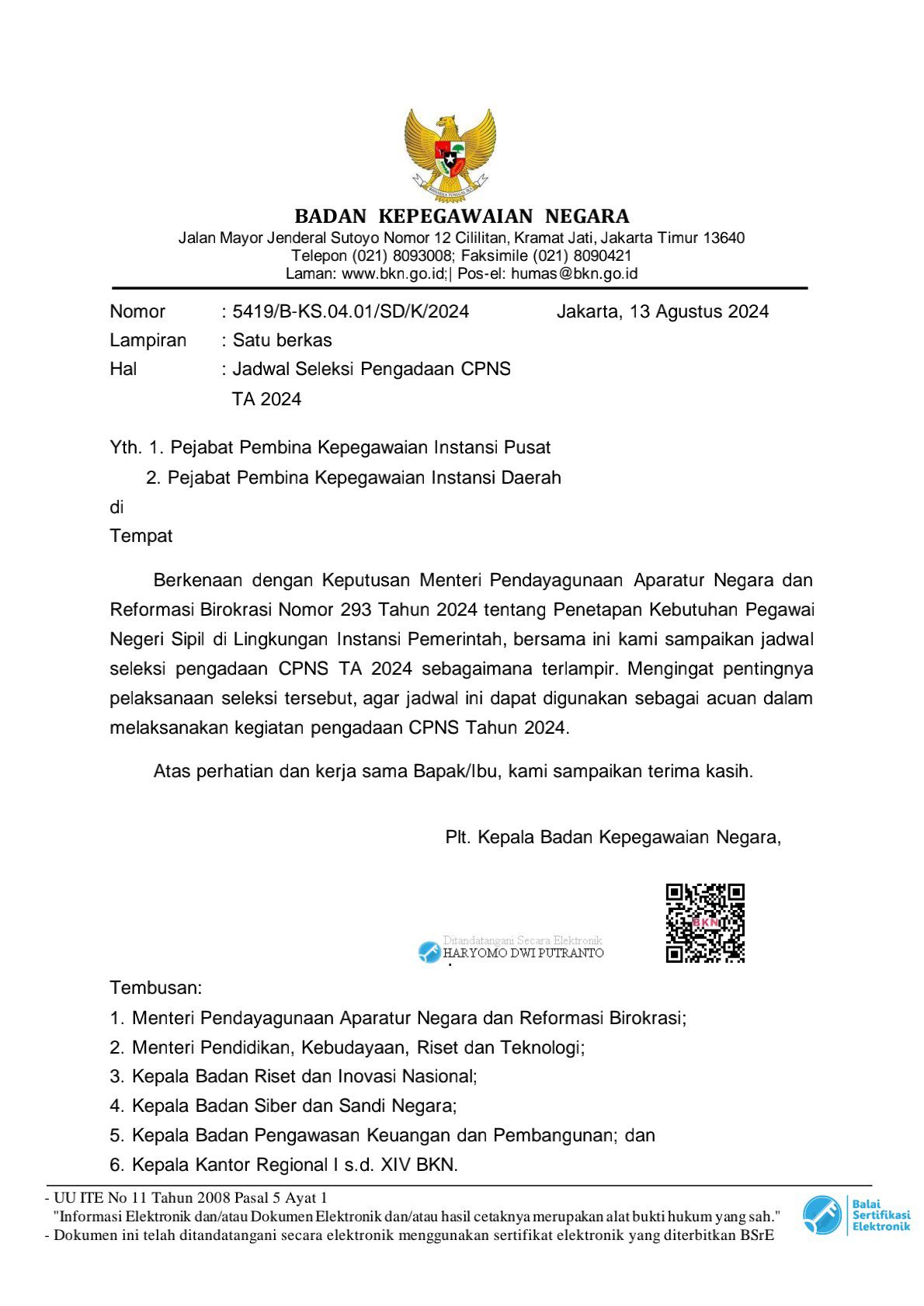 Jadwal Seleksi Pengadaan CPNS T.A 2024