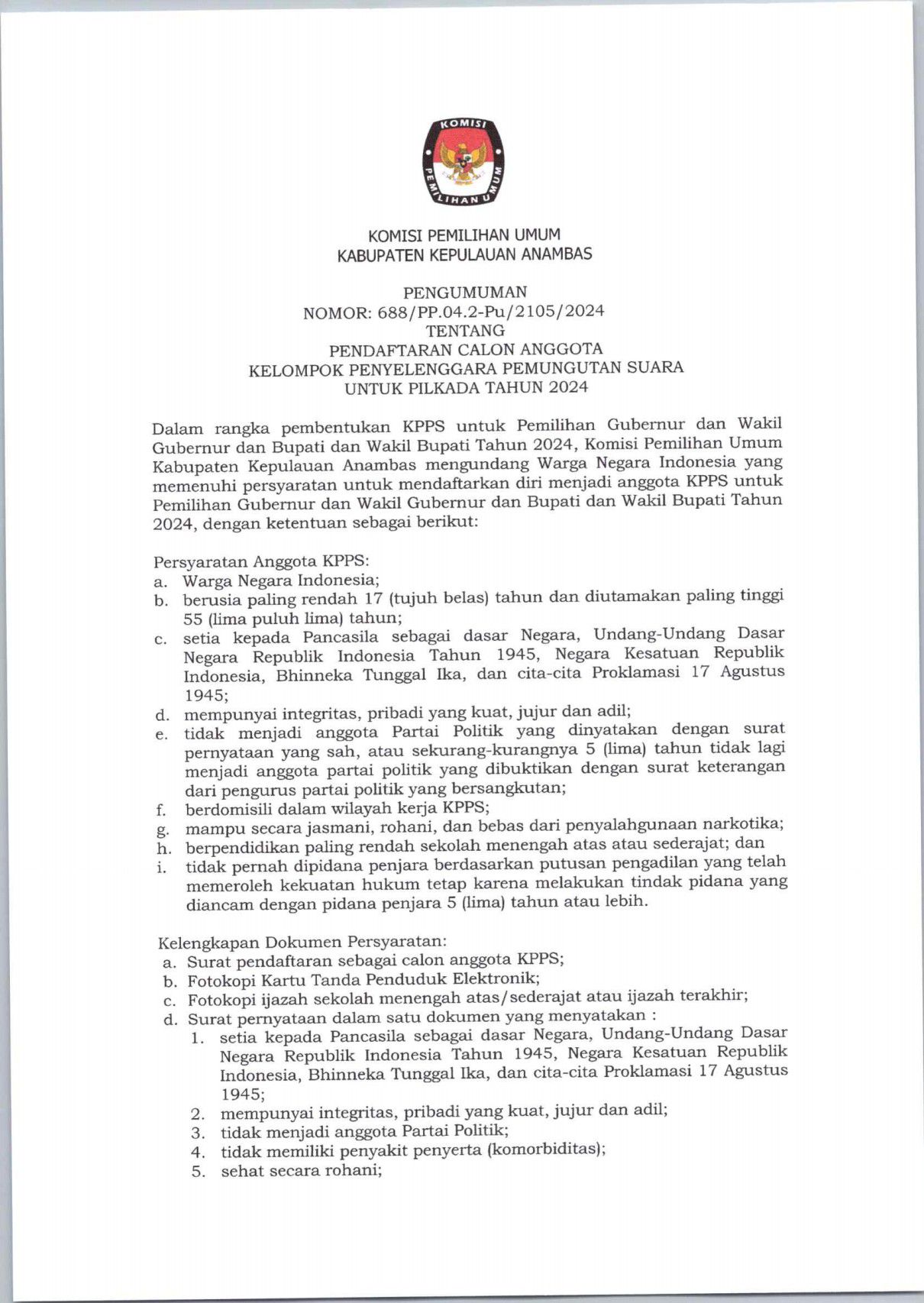 Pengumuman Pendaftaran Calon Anggota KPPS Pilkada 2024
