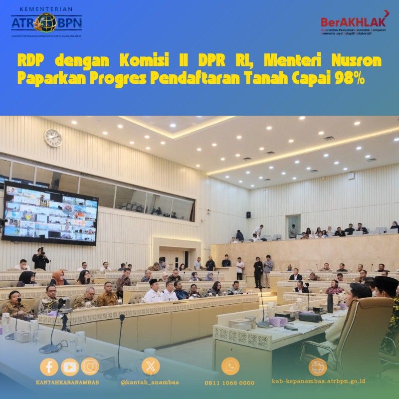 RDP dengan Komisi II DPR RI, Menteri Nusron Paparkan Progres Pendaftaran Tanah Capai 98%