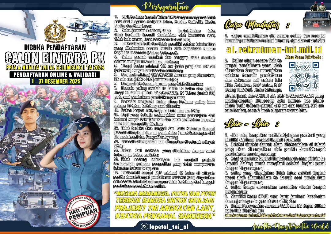 Pendaftaran Bintara PK & Tamtama TNI AL Gel.I T.A 2026