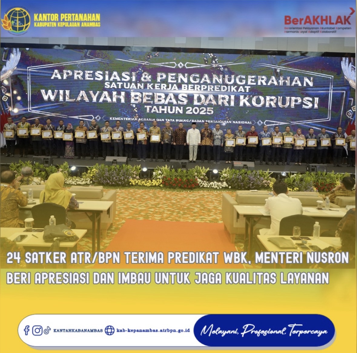 24 Satker ATR/BPN Terima Predikat WBK, Menteri Nusron Beri Apresiasi dan Imbau untuk Jaga Kualitas Layanan