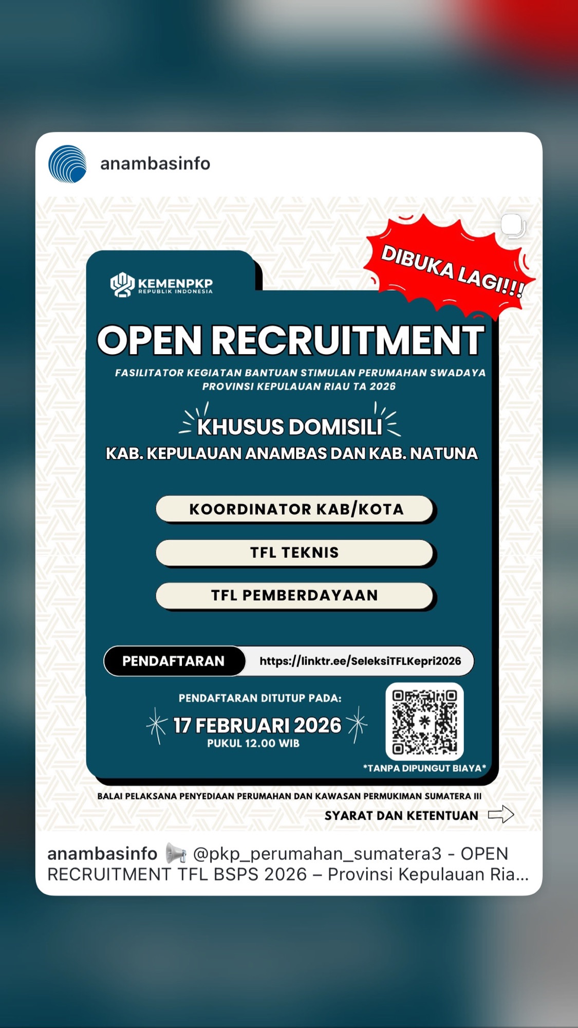 Oprec – Fasilitator Kegiatan Bantuan Stimulan Perumahan Swadaya Prov Kepri TA. 2026