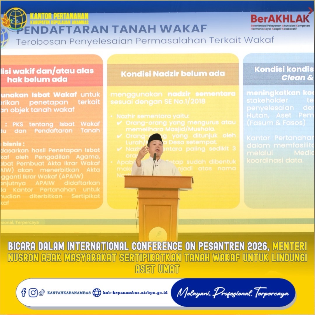 Menteri Nusron Dorong Percepatan Sertipikasi Tanah Wakaf pada International Conference on Pesantren 2026