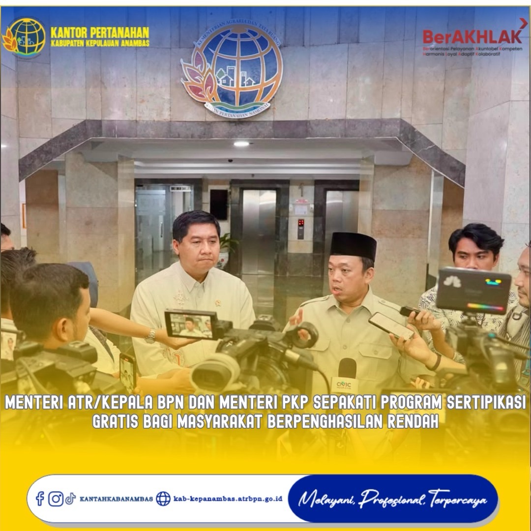 Menteri ATR/Kepala BPN dan Menteri PKP Sepakati Program Sertipikasi Gratis bagi Masyarakat Berpenghasilan Rendah